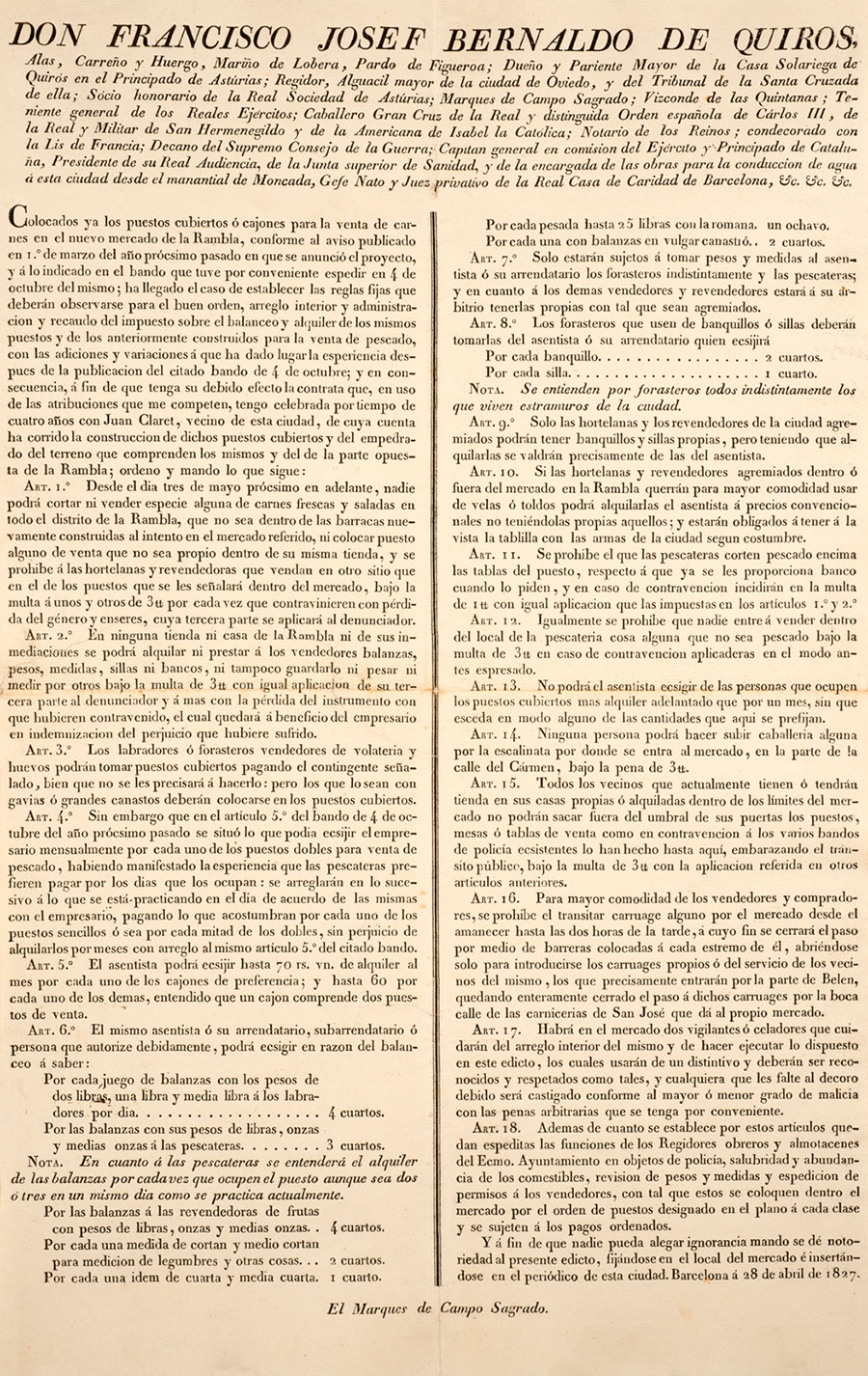 Ban del Marquès de Campo Sagrado. 1827